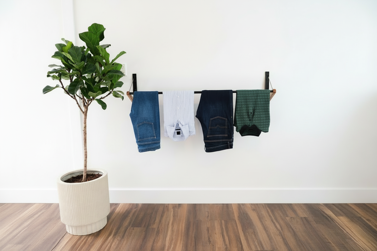 Foldable FOLD.ONE rack mounted on bedroom wall holding shirts and jeans, demonstrating easy access and efficient storage