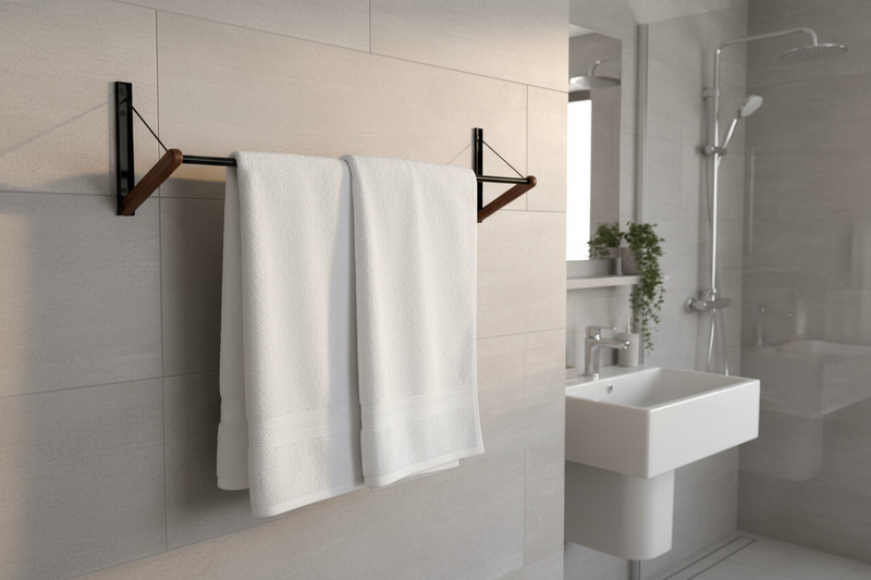 Foldable FOLD.ONE rack mounted on bathroom wall with towels hanging, showing functional, space-efficient storage