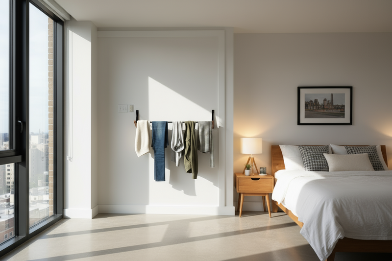 Foldable FOLD.ONE rack mounted on bedroom wall holding sweaters and jeans, demonstrating easy access and efficient storage