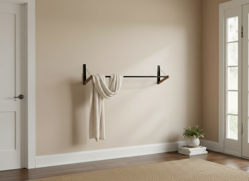 FOLD.ONE wall-mounted foldable clothing rack in an entryway with a scarf hanging on it