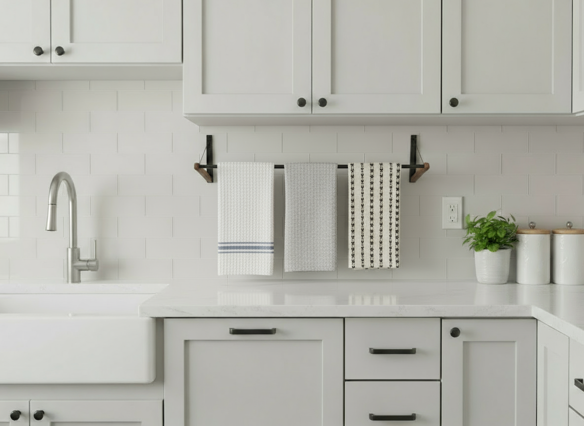 Foldable FOLD.ONE rack mounted on kitchen wall with towels hanging, showing functional, space-efficient storage