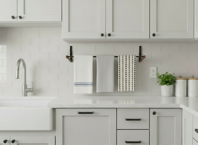 Foldable FOLD.ONE rack mounted on kitchen wall with towels hanging, showing functional, space-efficient storage