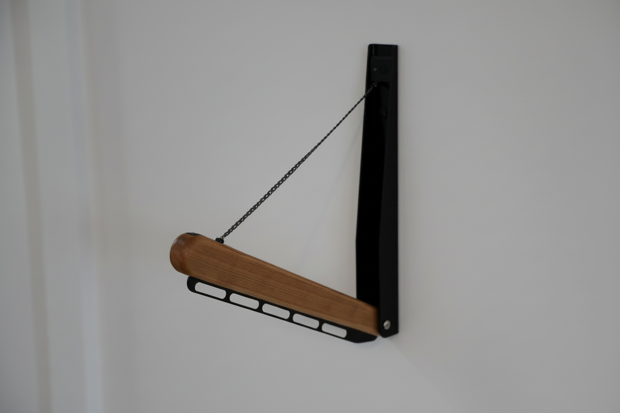 Foldable wall-mounted garment rail in cherry wood and black metal, shown extended with support chain.