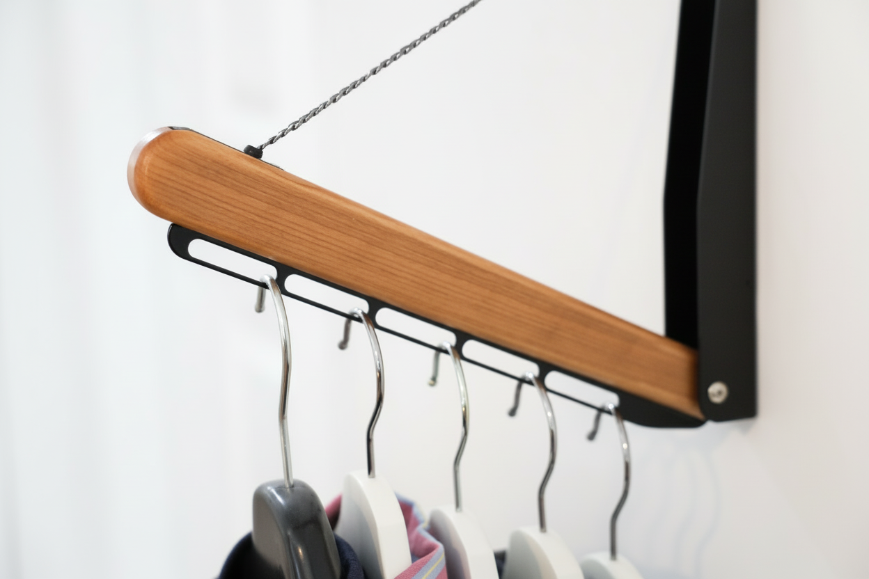 Foldable wall-mounted garment rail in cherry wood and black metal, shown extended with support chain.