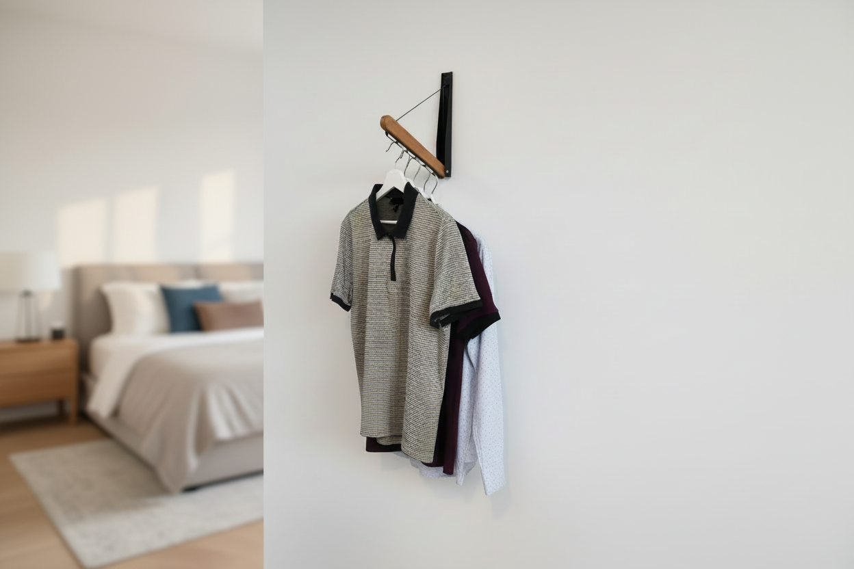 Foldable wall-mounted wooden garment rail with hanging shirts in bedroom.