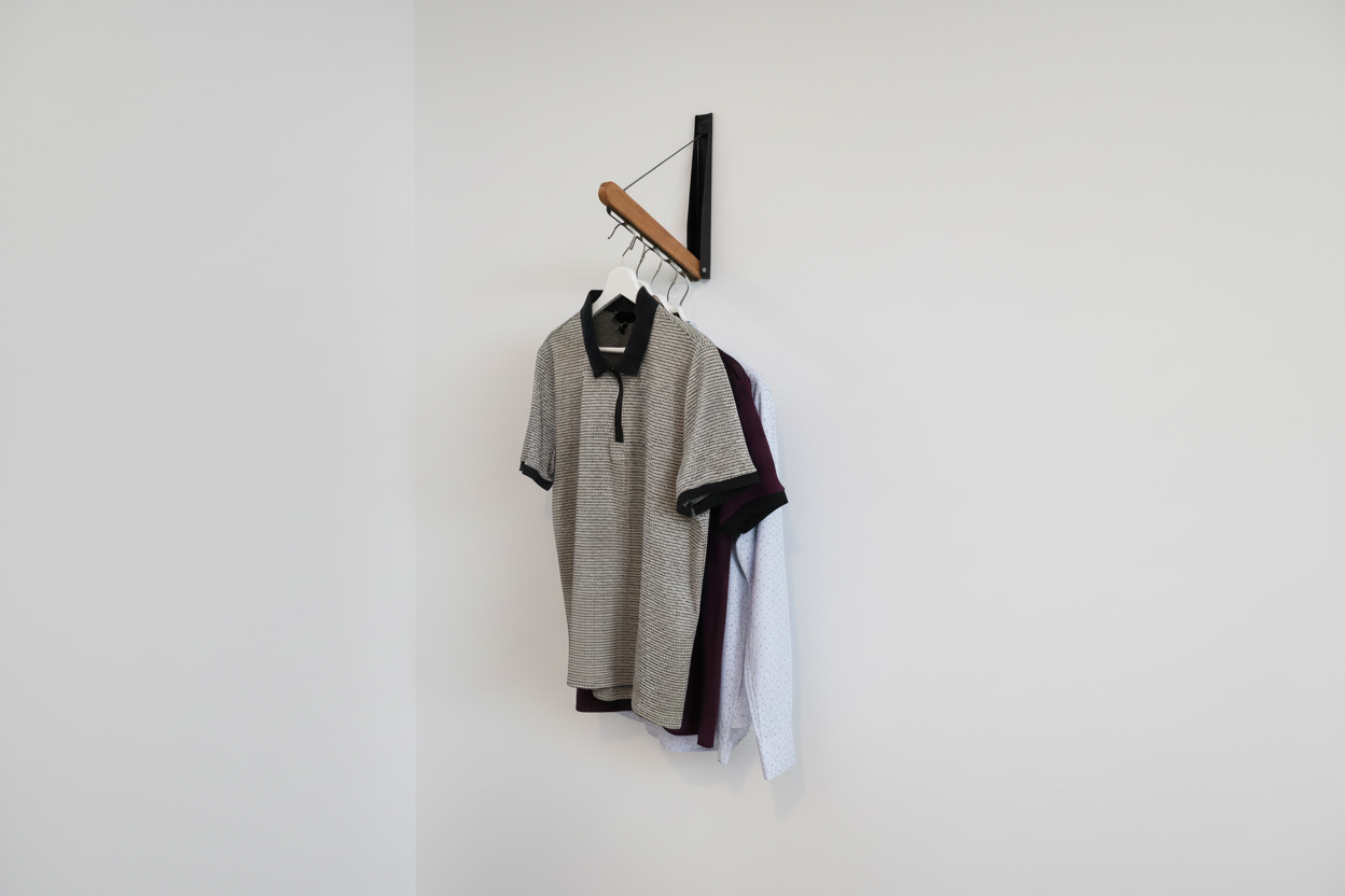 Foldable wall-mounted wooden garment rail with hanging shirts in a minimalist interior.