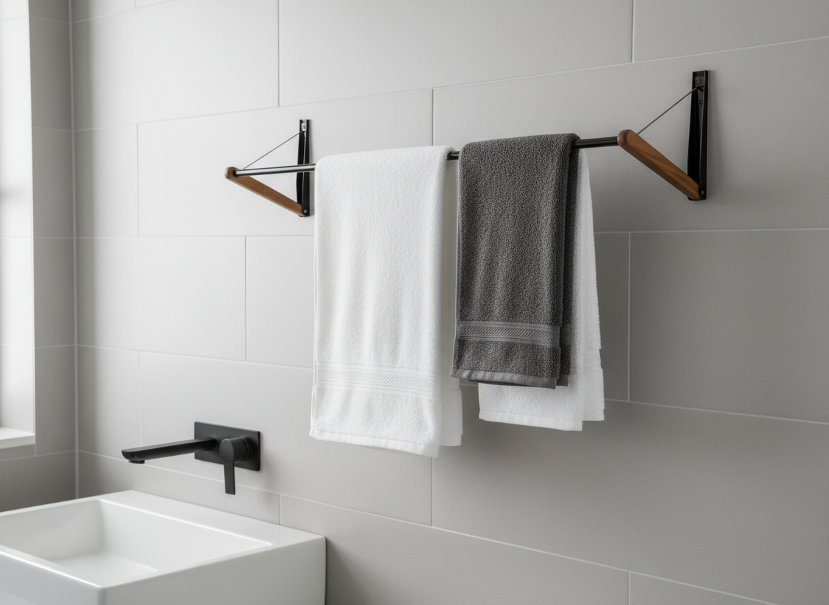 Foldable FOLD.ONE rack mounted on bathroom wall with towels hanging, showing functional, space-efficient storage