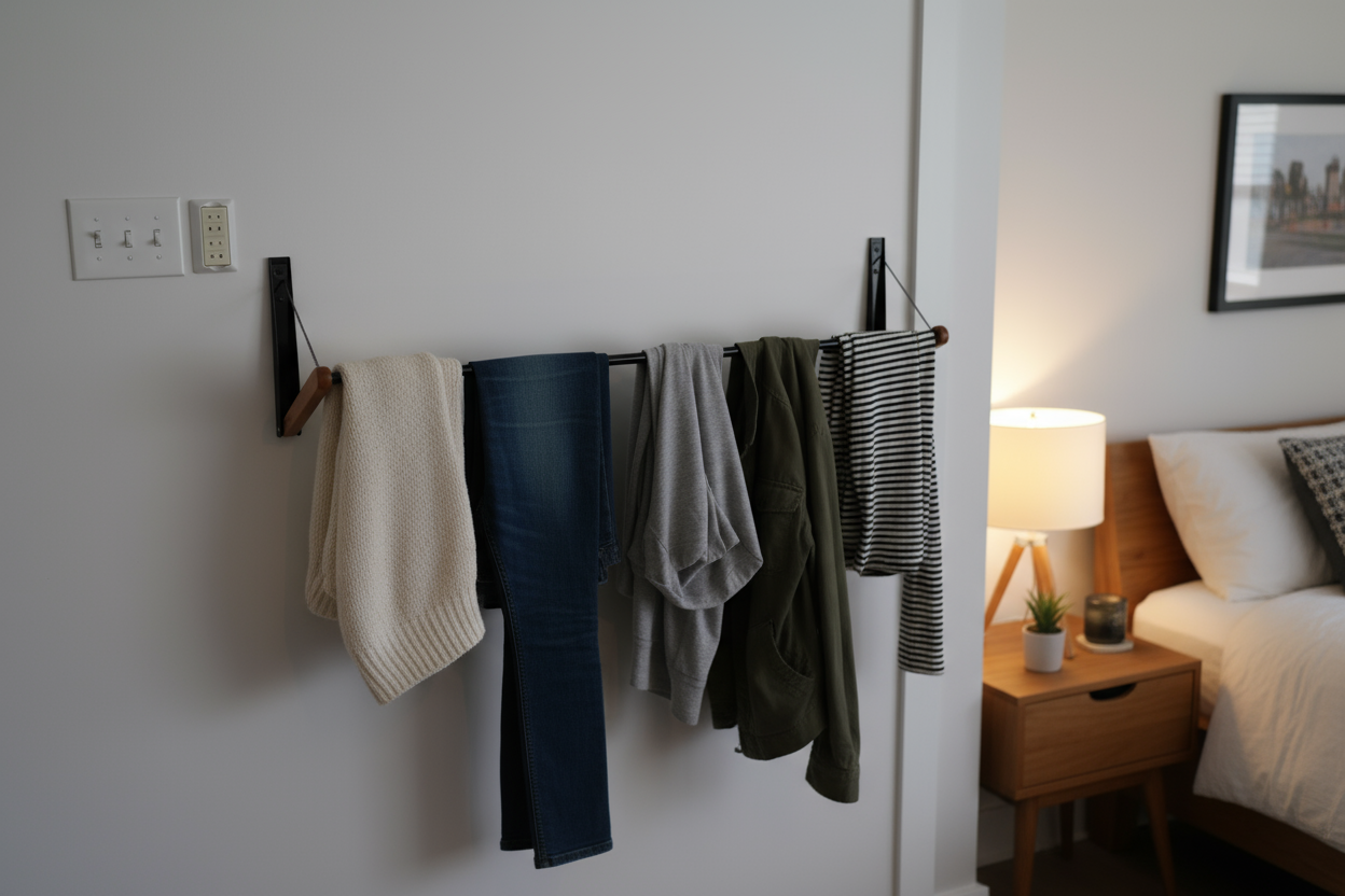 Foldable FOLD.ONE rack mounted on bedroom wall holding sweaters and jeans, demonstrating easy access and efficient storage